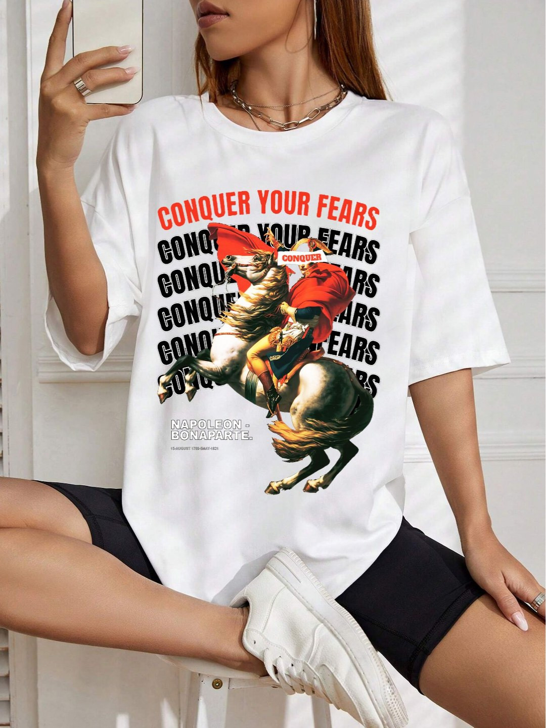

TABADTOD Women Printed Drop-Shoulder Sleeves Applique T-shirt, White