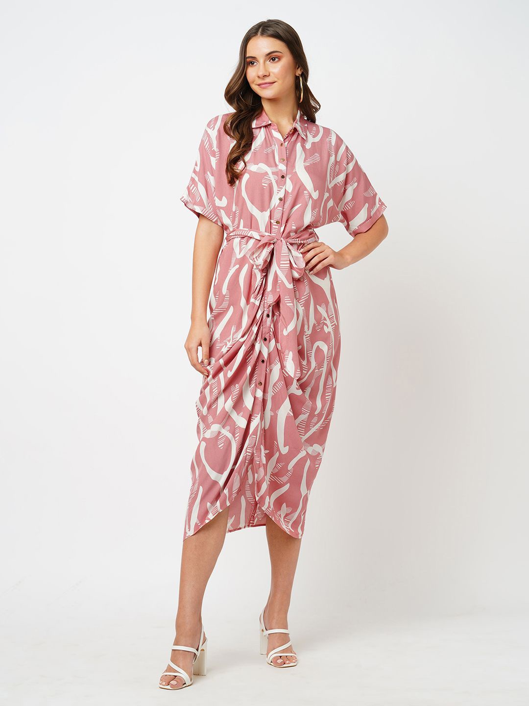 

ESTERIA Print Pack of 2 Geathered Hem Midi Shirt Dress, Peach