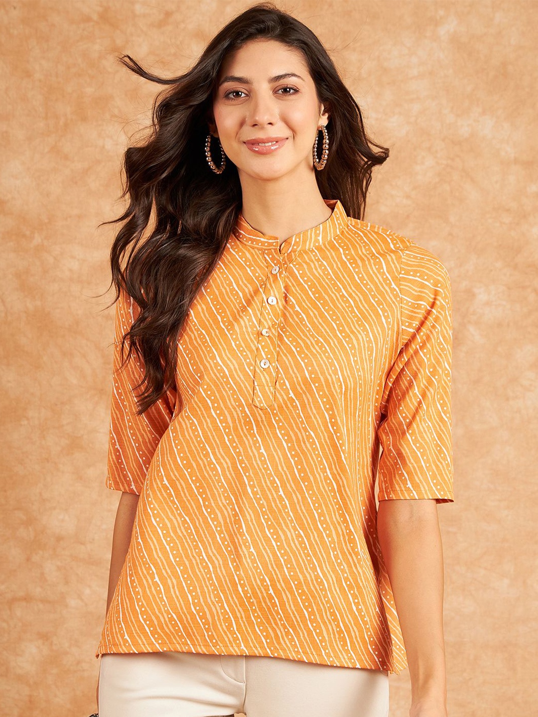 

Modeve Geometric Printed Mandarin Collar Cotton Shirt Style Top, Rust