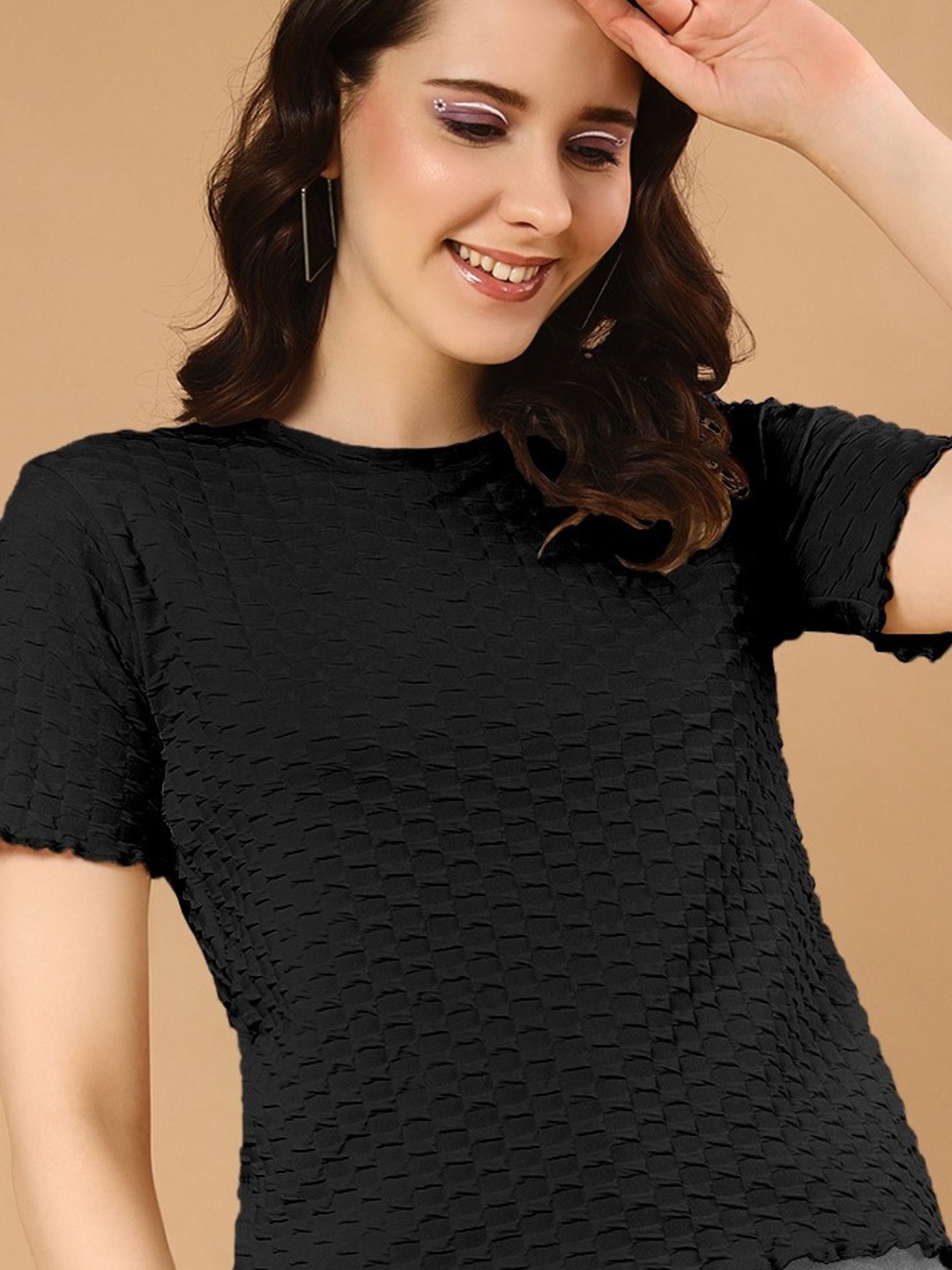 

The Dry State Women Solid Self-Design T-shirt, Black