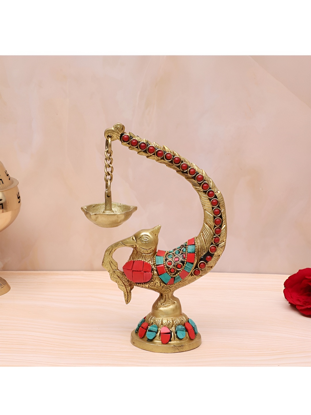 

Two Moustaches Red & Green Annam Bird Design Oil Diya, Gold