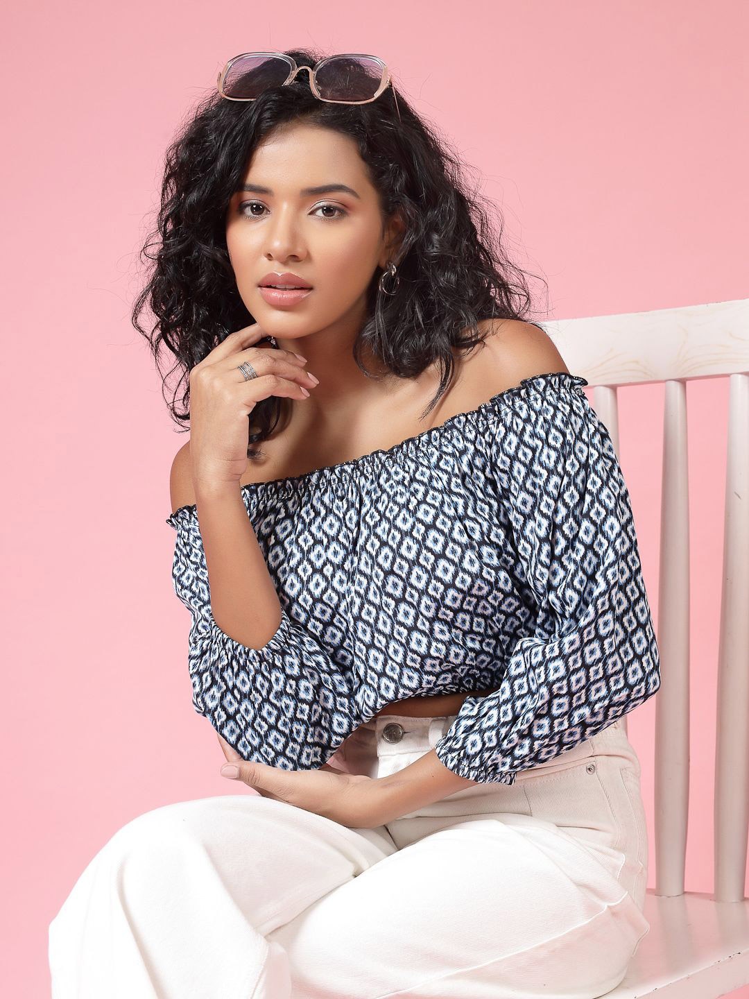 

EVERYDAY by ANI Geometric Printed Off-Shoulder Extended Sleeves Crepe Bardot Crop Top, Blue