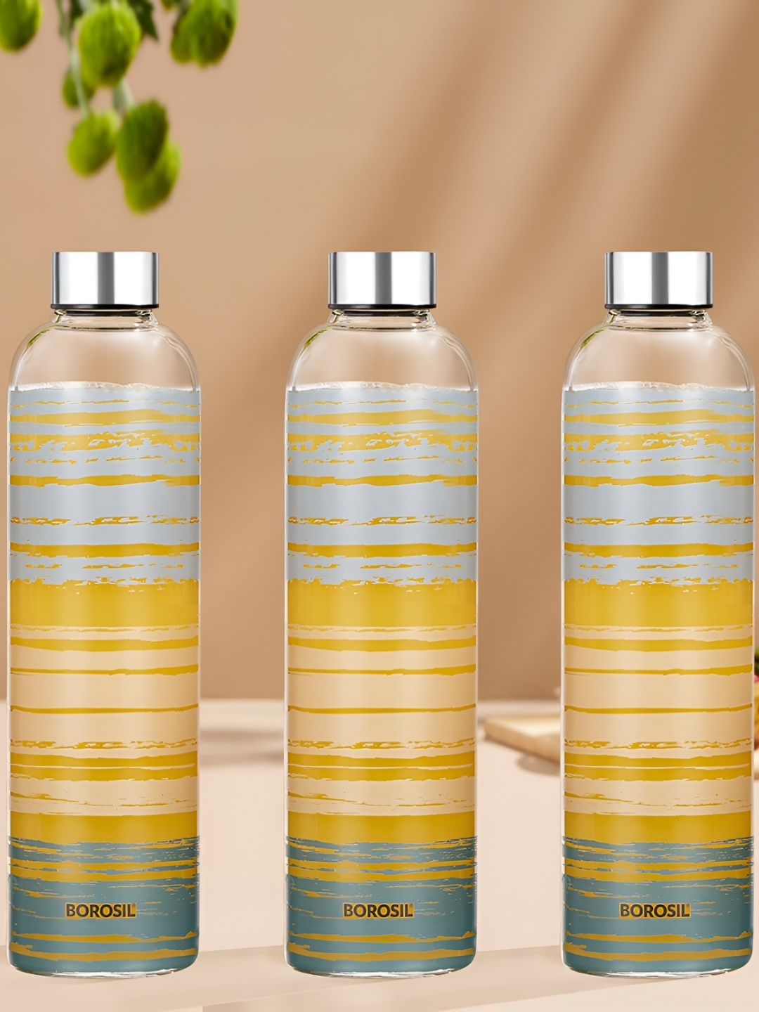 

BOROSIL Artisan Series Glance Transparent & Grey 3 Pieces Glasses Printed Water Bottle 1l