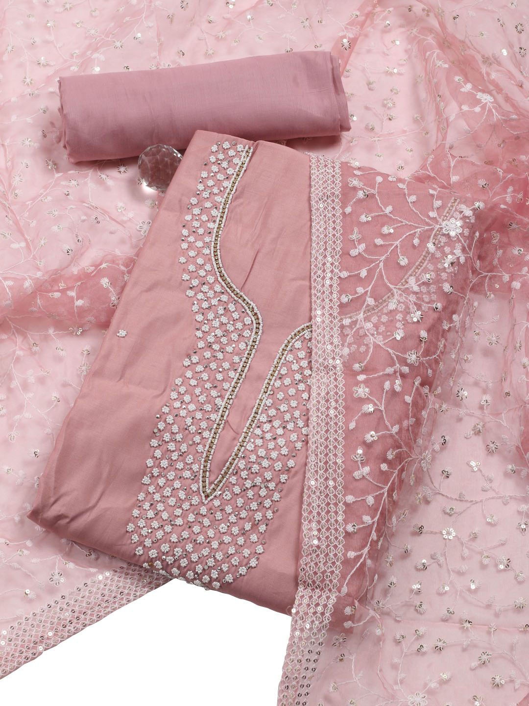 

Meena Bazaar Embroidered Art Silk Unstitched Dress Material, Pink