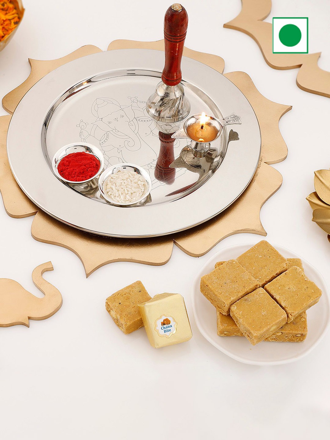 

IGP 3-Pcs Puja Thali With Chana Badam Barfi Sweet Gift Set, Steel