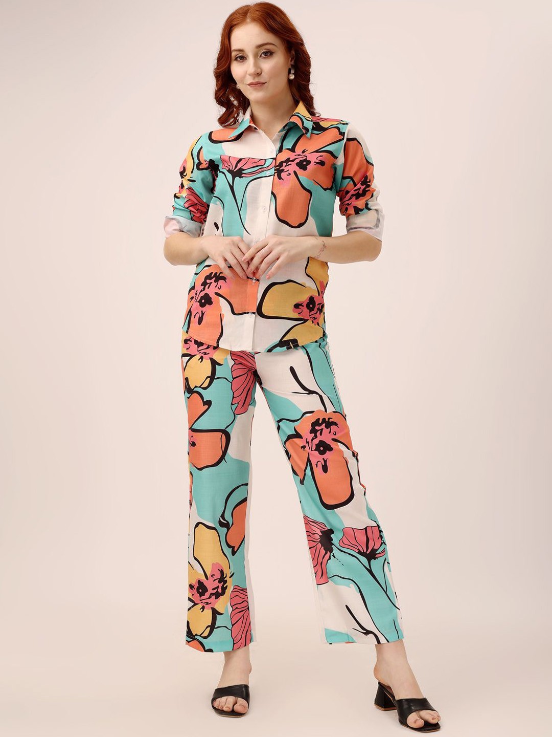

shriez Floral Printed Shirt & Trousers, Orange