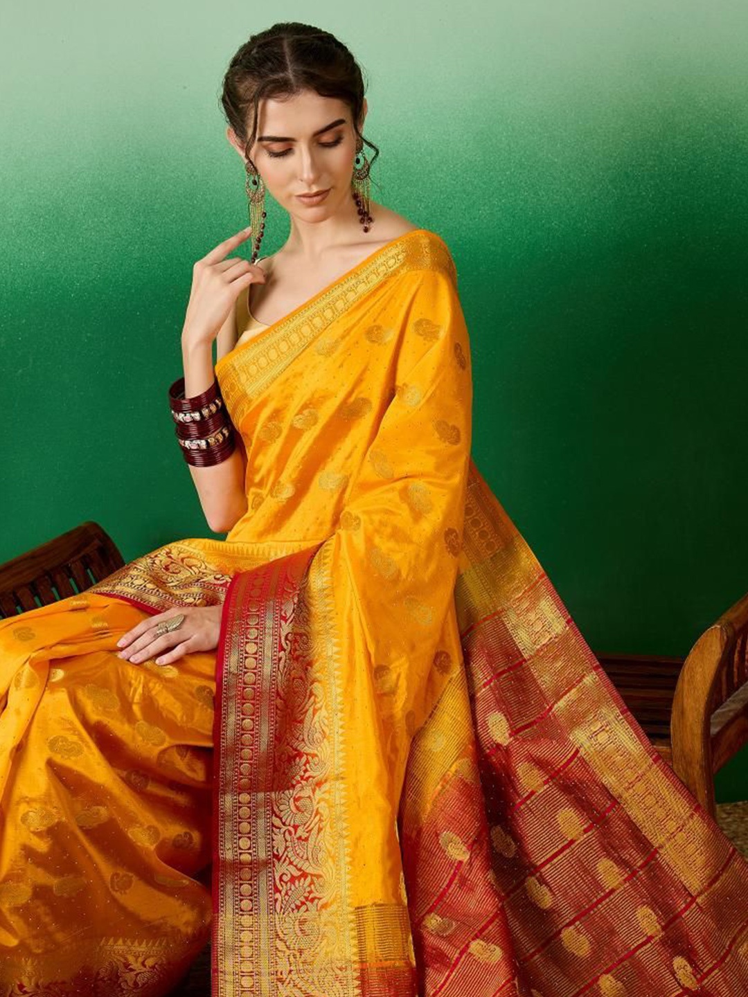 

Sangria Ethnic Motifs Woven Design Banarasi Saree With Blouse Piece, Yellow