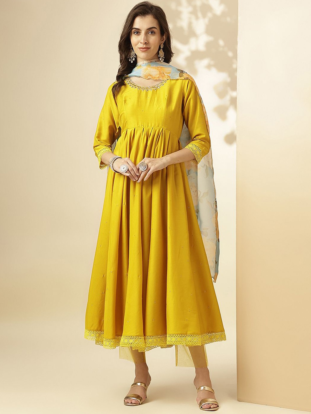 

SANSKAR Floral Embroidered Anarkali Mukaish Kurta with Trousers & Dupatta, Yellow