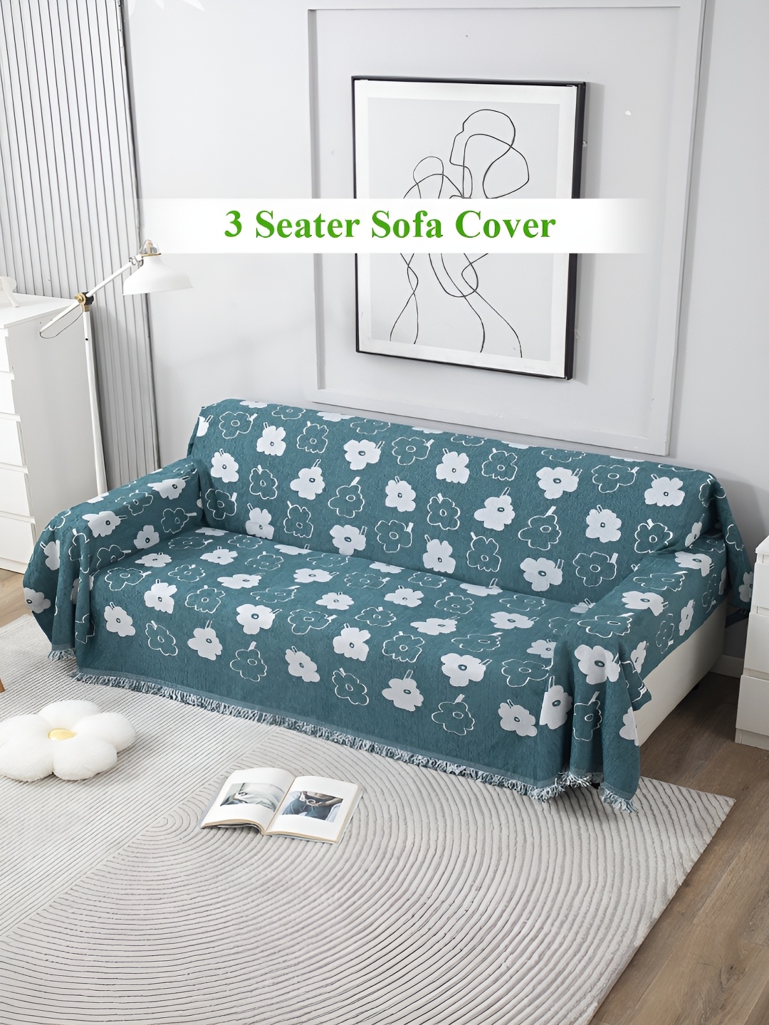 

HOKIPO Teal Green & White Floral Cotton Chenille 3 Seater Sofa Throw