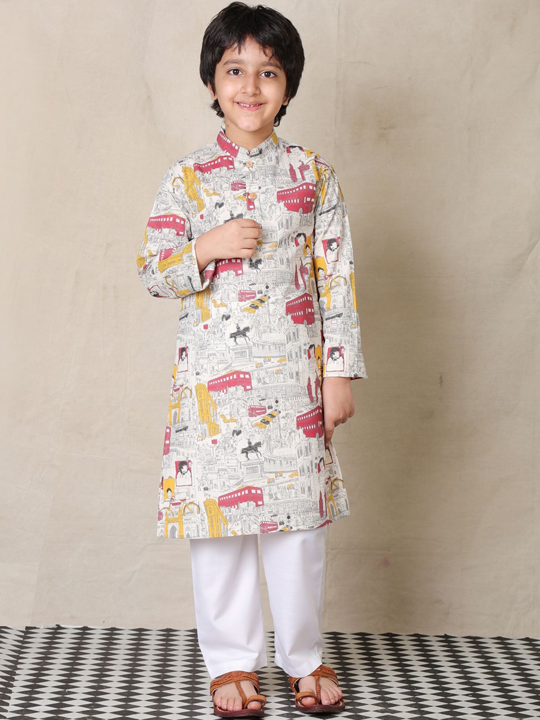 

Anthrilo Boys Band Collar Printed Pure Cotton Straight Kurta with Pyjamas, White