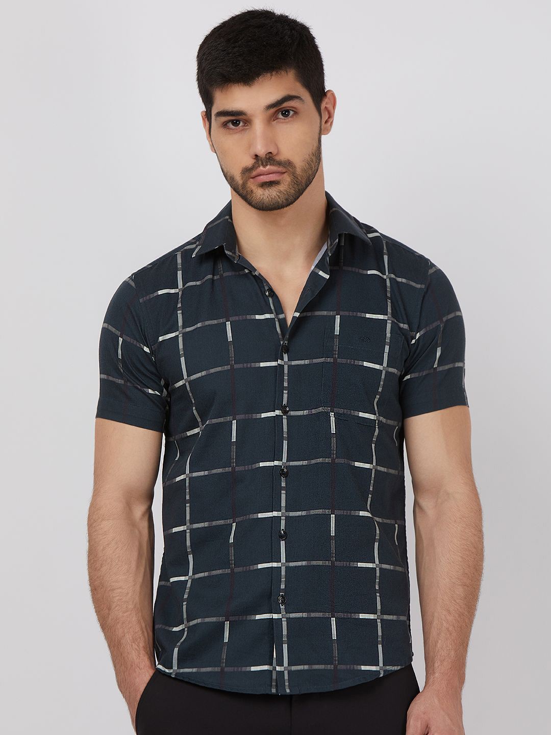 

Mufti Men Spread Collar Checked Cotton Slim Fit Casual Shirt, Green