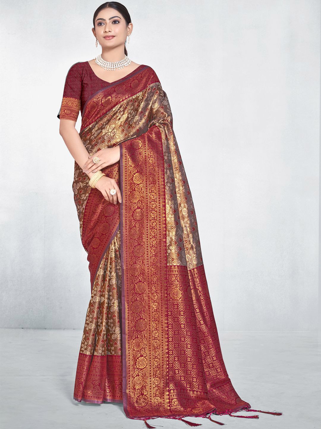 

SANGAM PRINTS Ethnic Motif Zari Woven Tussar Saree, Maroon