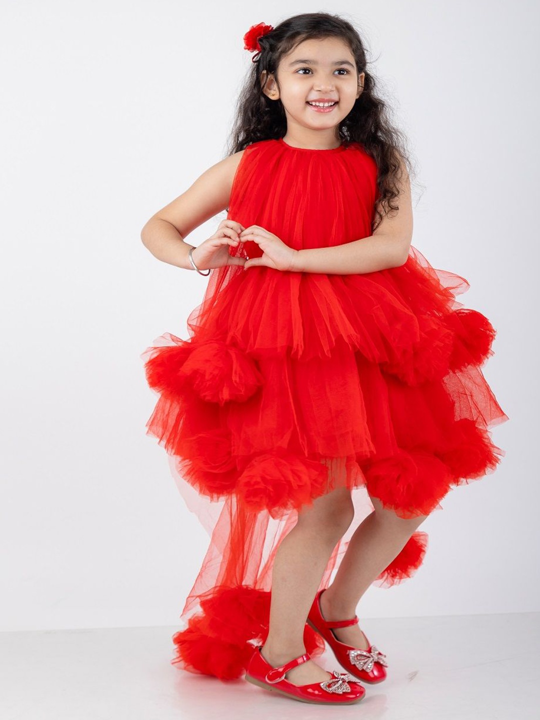 

THE LITTLE CELEBS Girls Net A-Line Midi Dress, Red