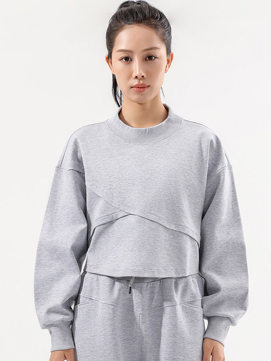 

LULU & SKY Cotton Cuffed Sleeves Round Neck Regular Top, Grey