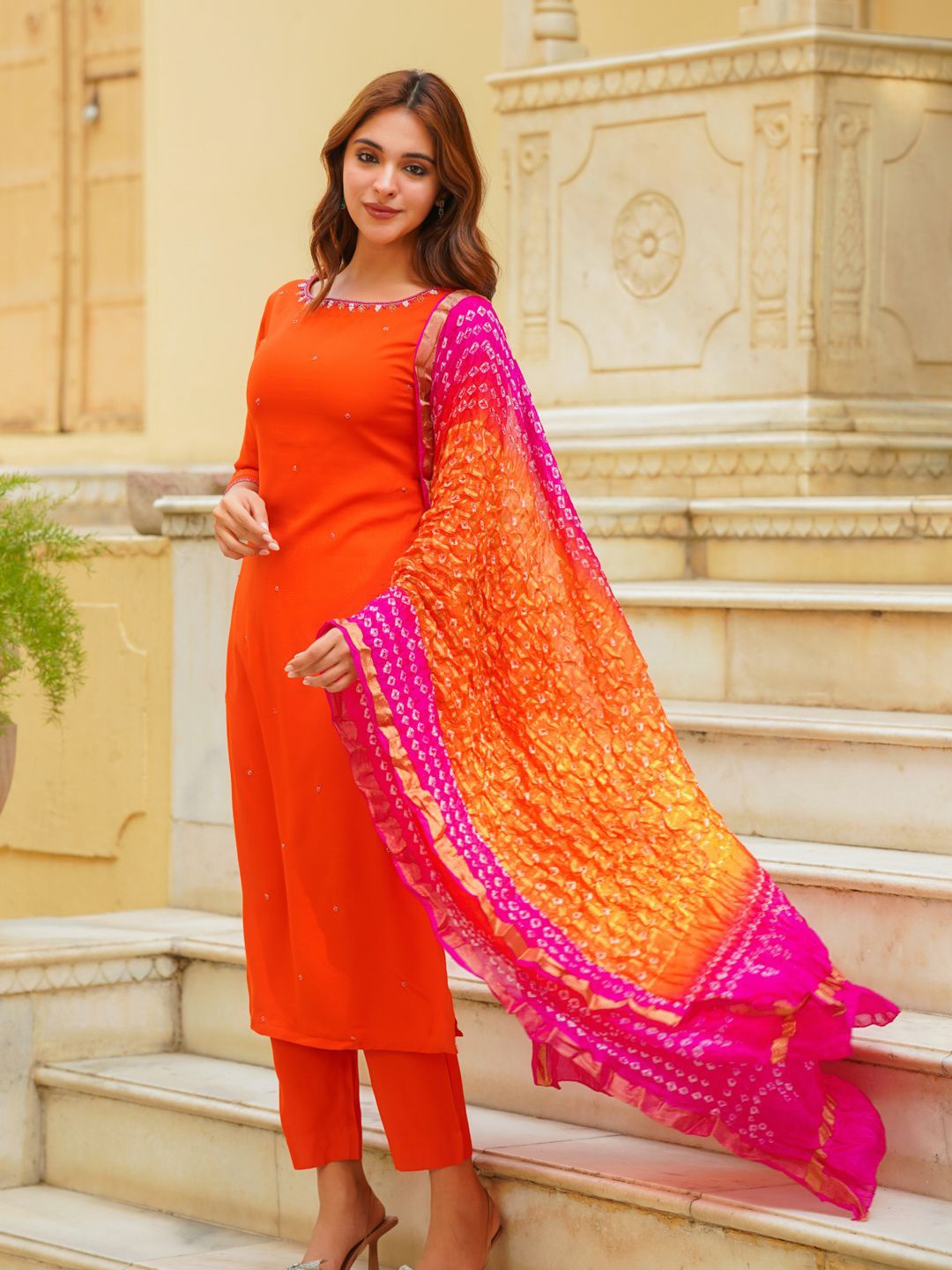 

Ambraee Round Neck Regular Beads & Stones Straight Kurta With Trousers & Dupatta, Orange