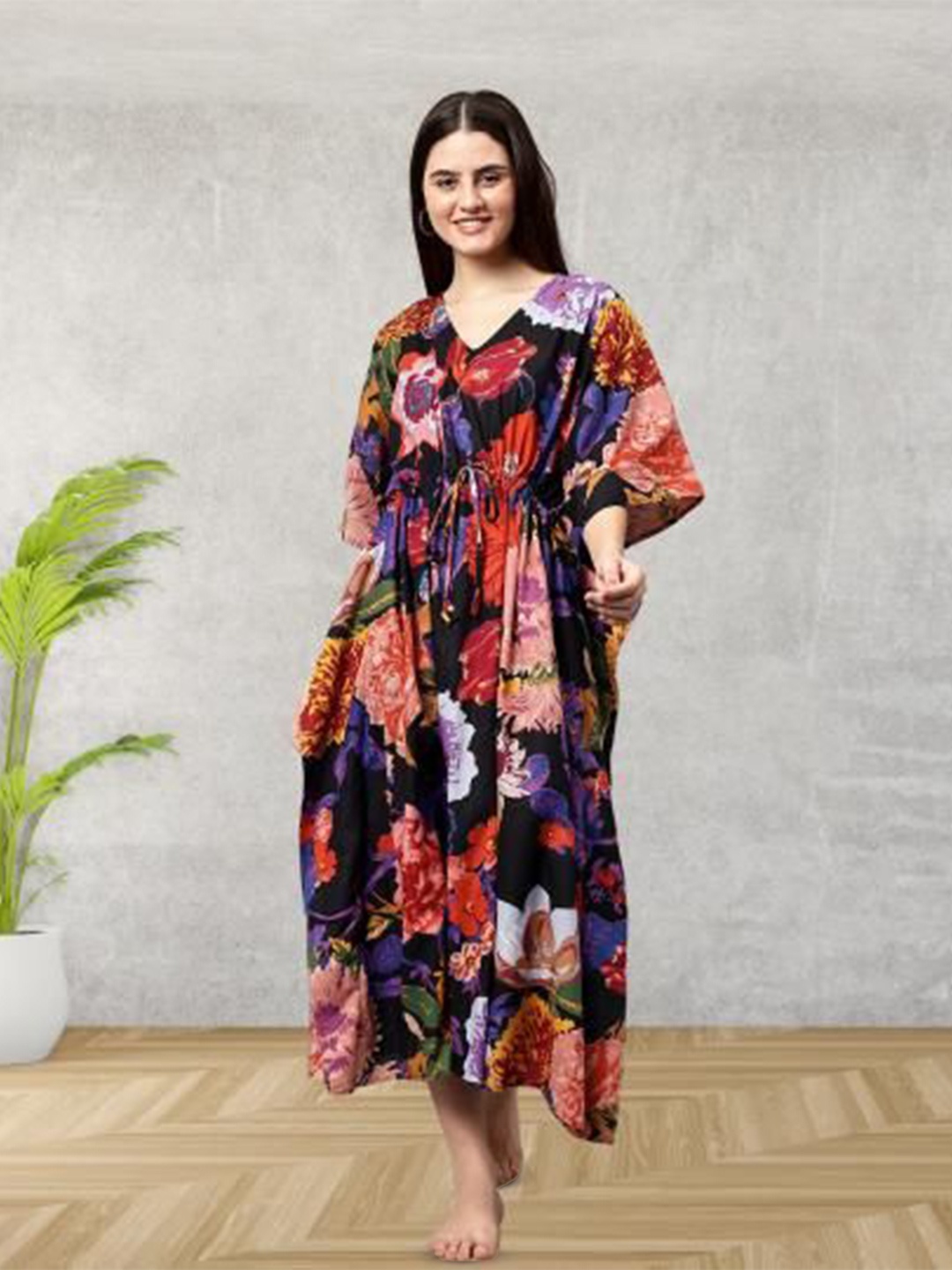 

Safeera Printed Midi Kaftan Nightdress, Black