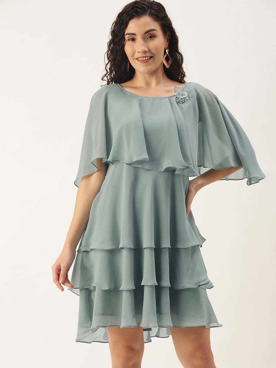 

SHECZZAR Embellished Cape Sleeve A-line Layerd Dress, Grey