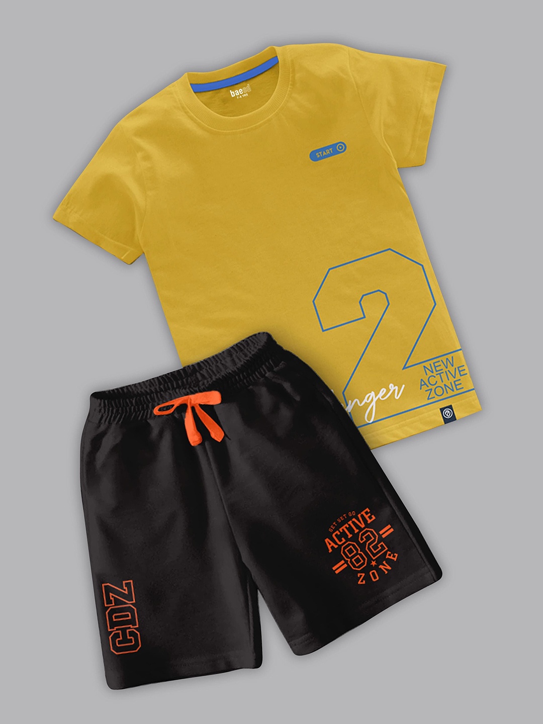 

BAESD Boys Typography Printed Round Neck T-shirt With Shorts, Yellow