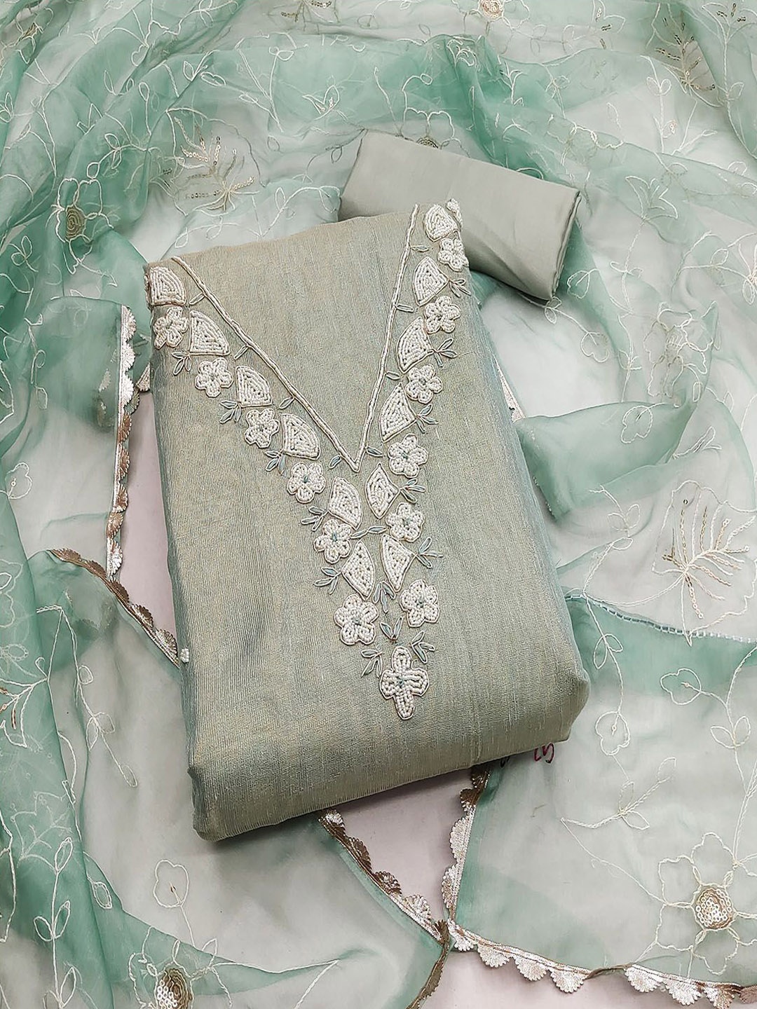 

Lilots Floral Beads and Stones Woven Design Unstitched Dress Material, Teal