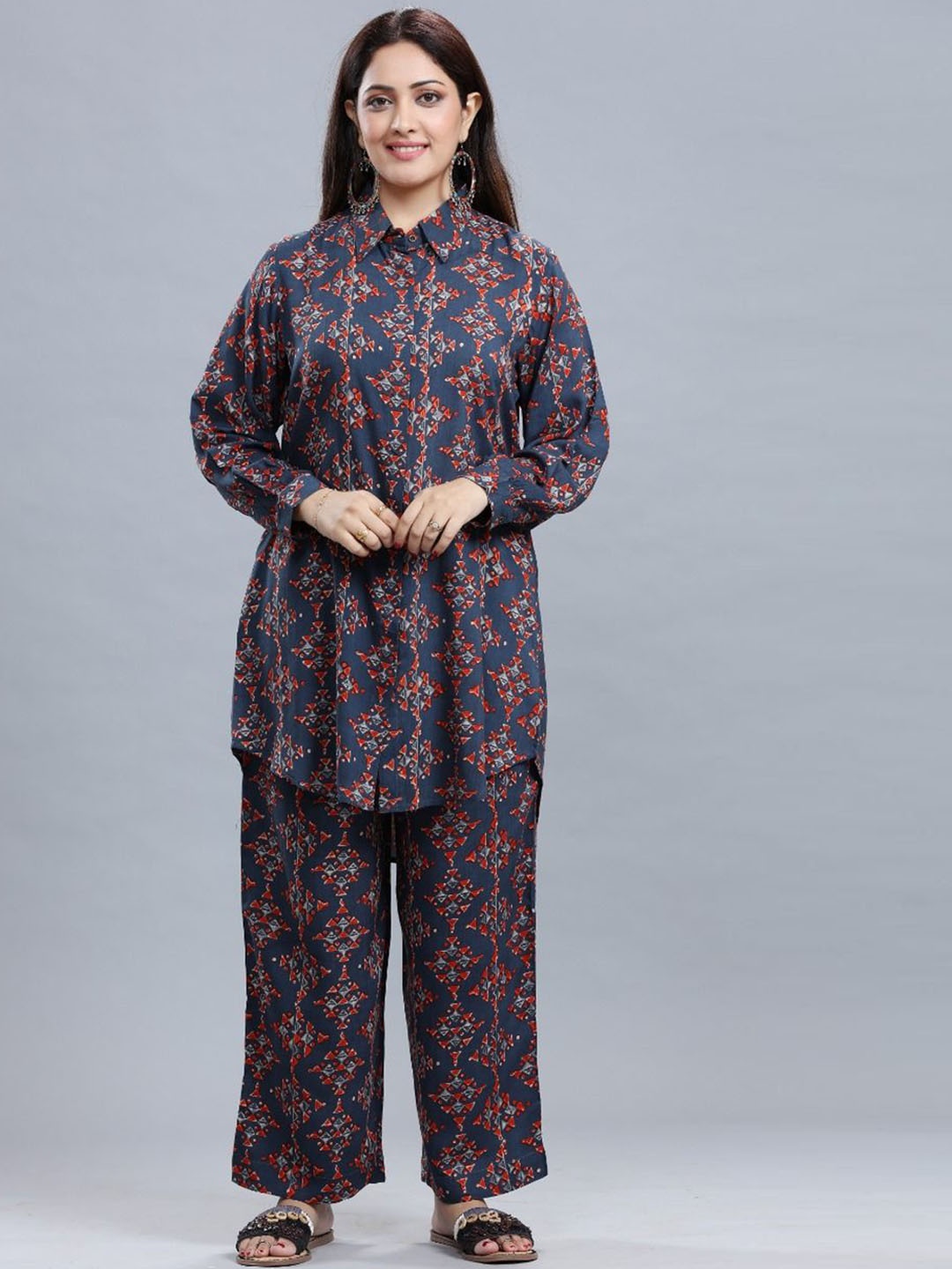 

COTTON CULTURE Floral Printed Shirt Collar Tunic With Palazzo, Purple