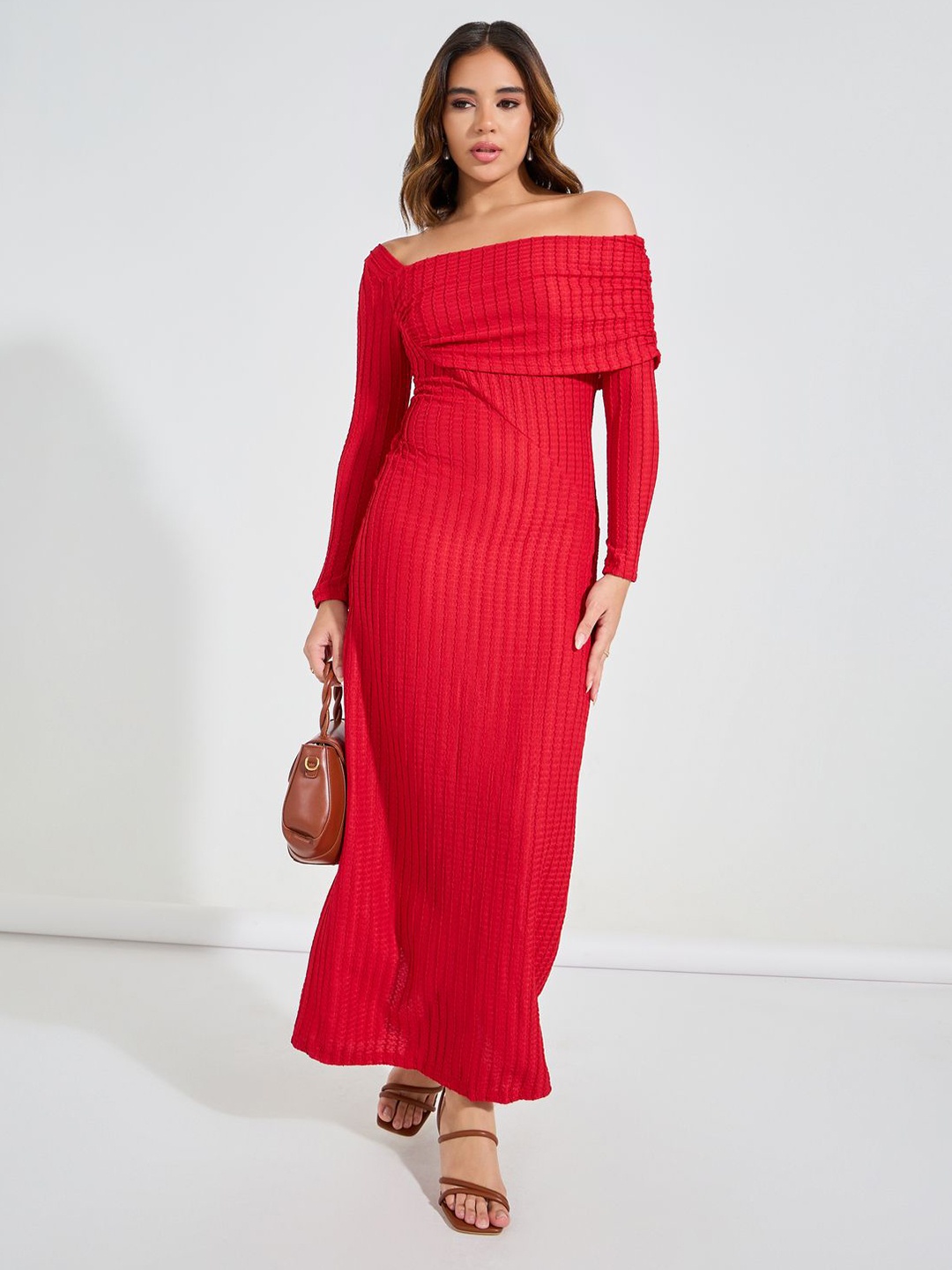 

Styli Women Off Shoulder Neck Cherry Red Textured Sheath Maxi Dress