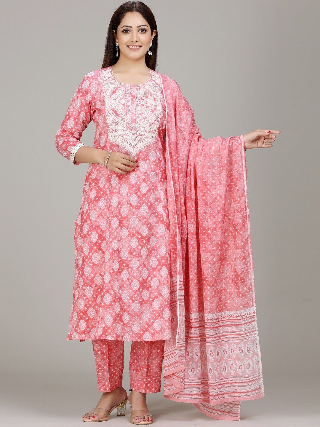 

COTTON CULTURE Printed Thread Work Pure Cotton Straight Kurta With Trousers & Dupatta, Peach