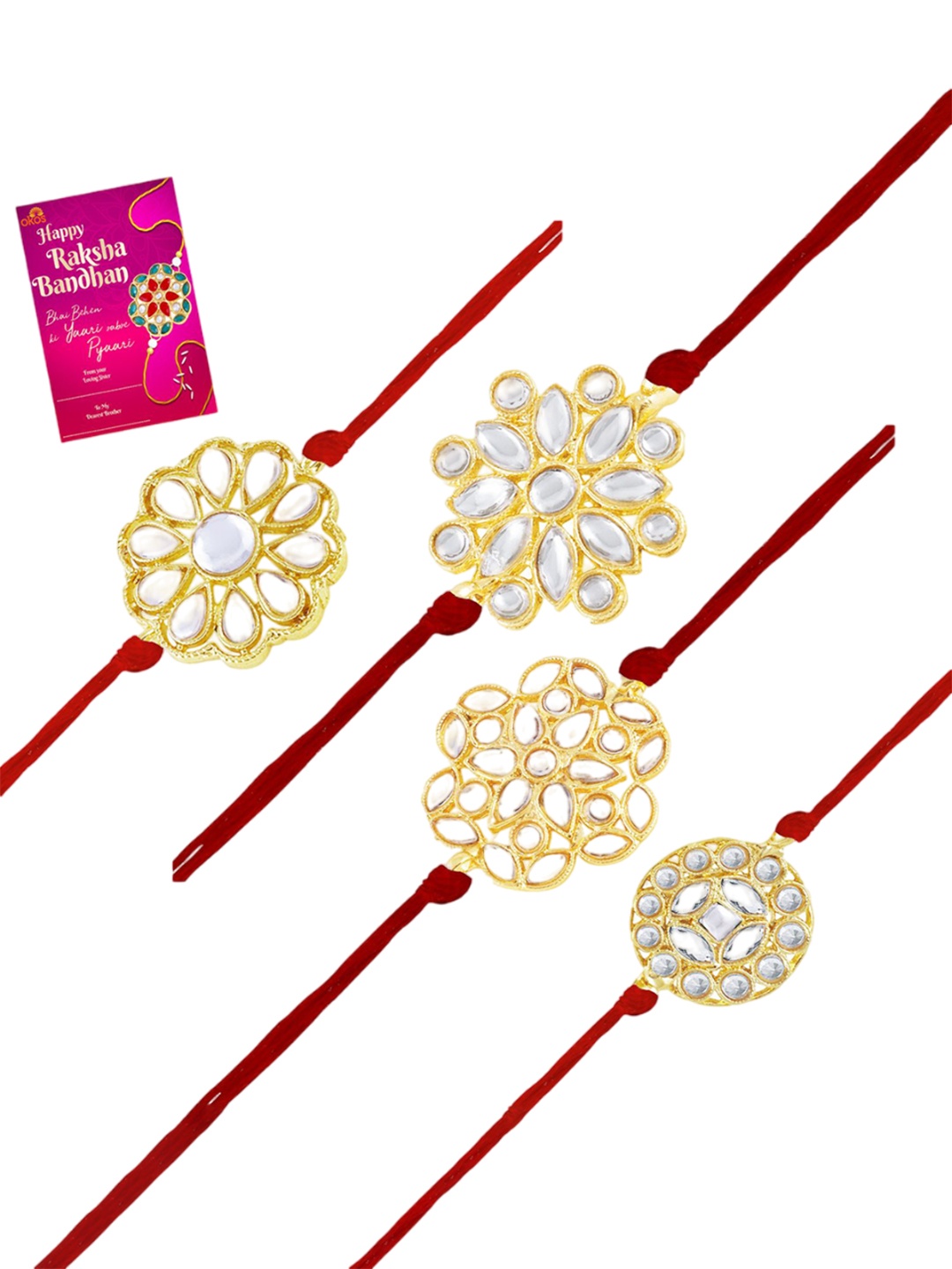 

Okos Set Of 4 Gold Plated Stones Studded Thread Rakhi With Greeting Card