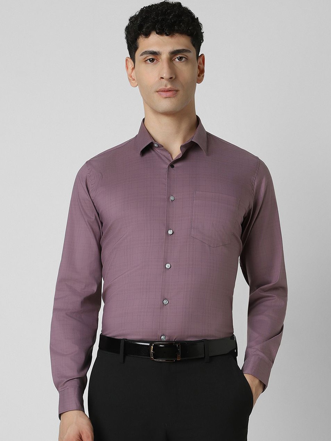 

Van Heusen Men Spread Collar Textured Printed Cotton Slim Fit Formal Shirt, Purple