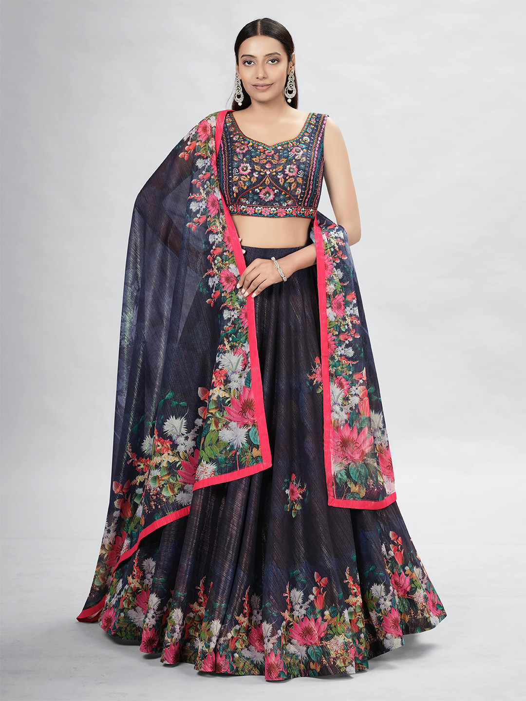 

Fusionic Floral Embellished Semi-Stitched Lehenga & Unstitched Blouse With Dupatta, Blue