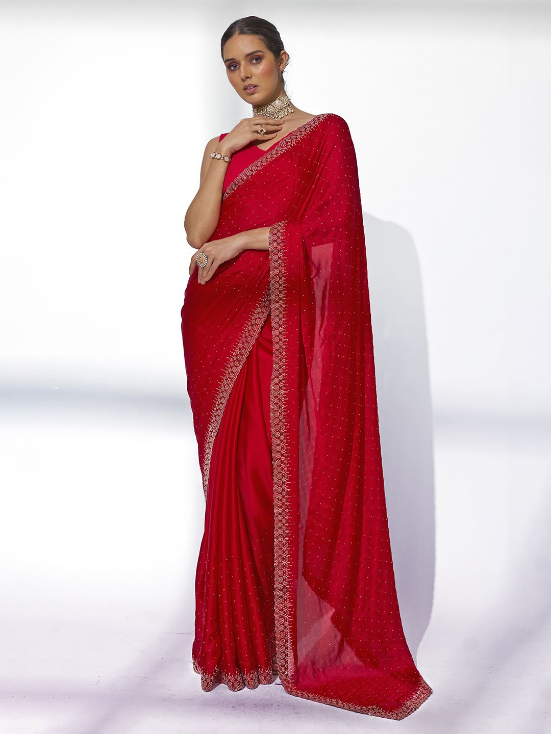 

Kalista Beads and Stones Satin Saree, Red