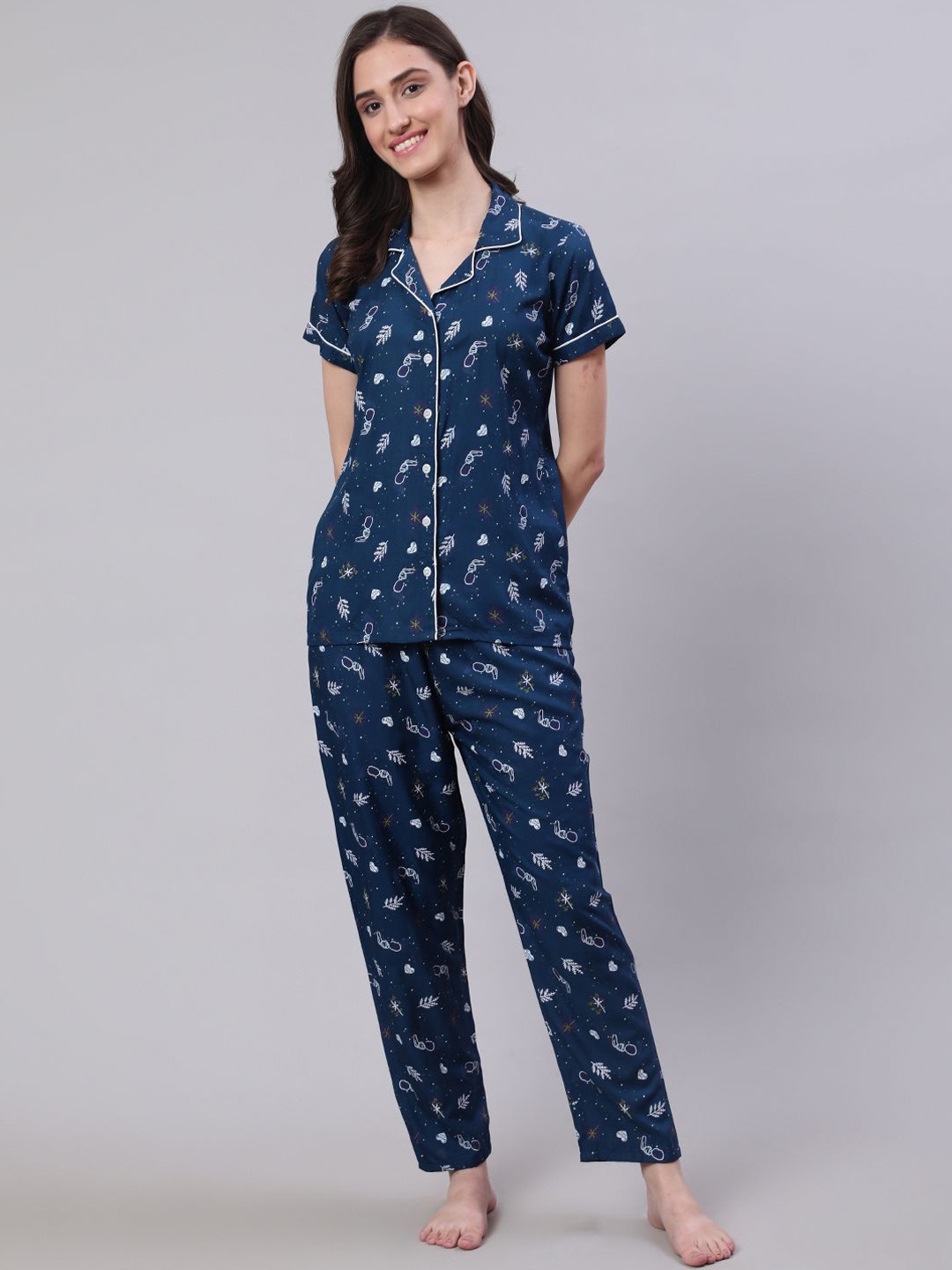 

Light Daisy Women Printed Shirt and Pyjamas Night suit, Navy blue