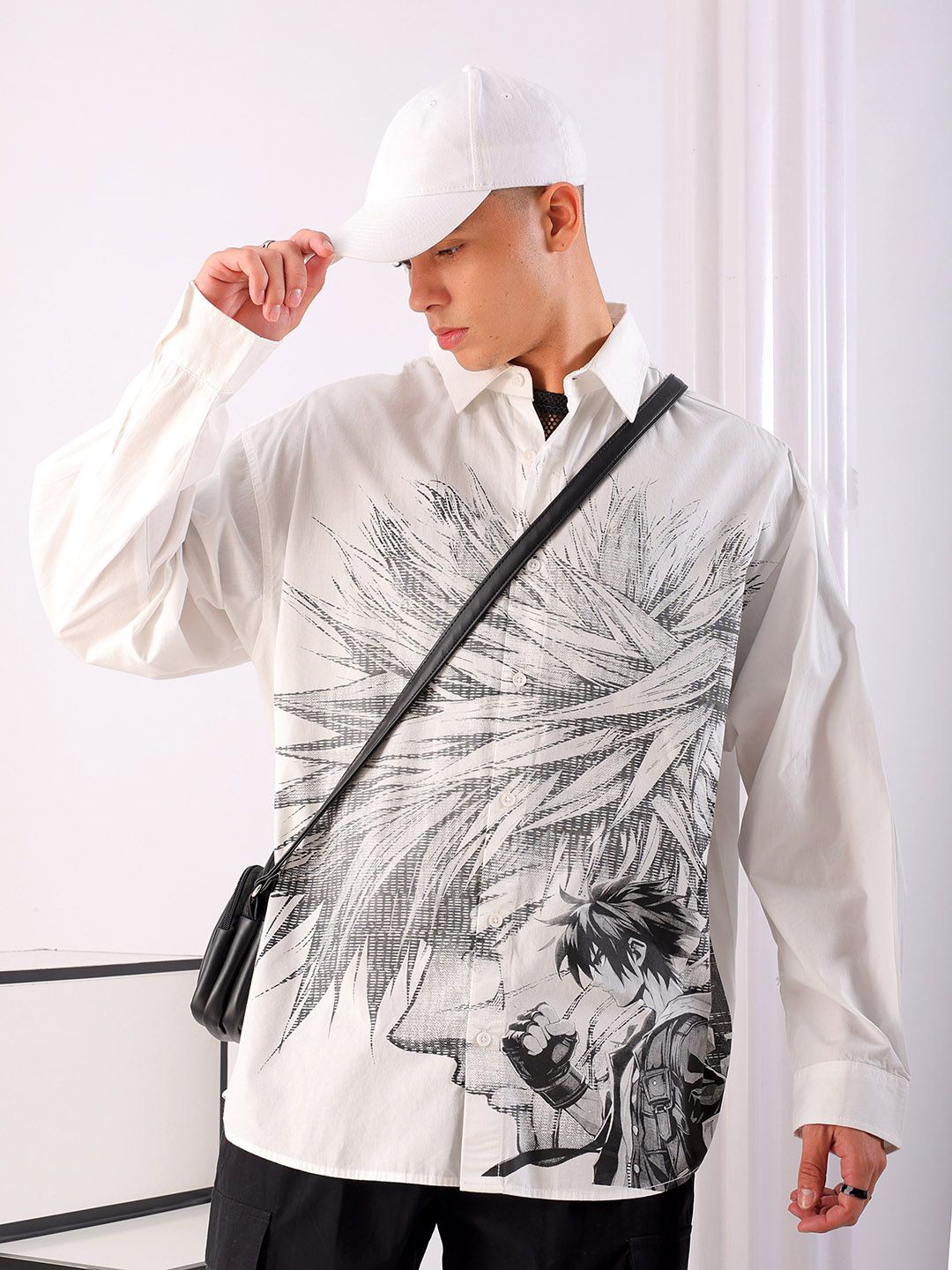 

The Indian Garage Co Men Anime Printed Cotton Oversized Boxy Streetwear Shirt, White