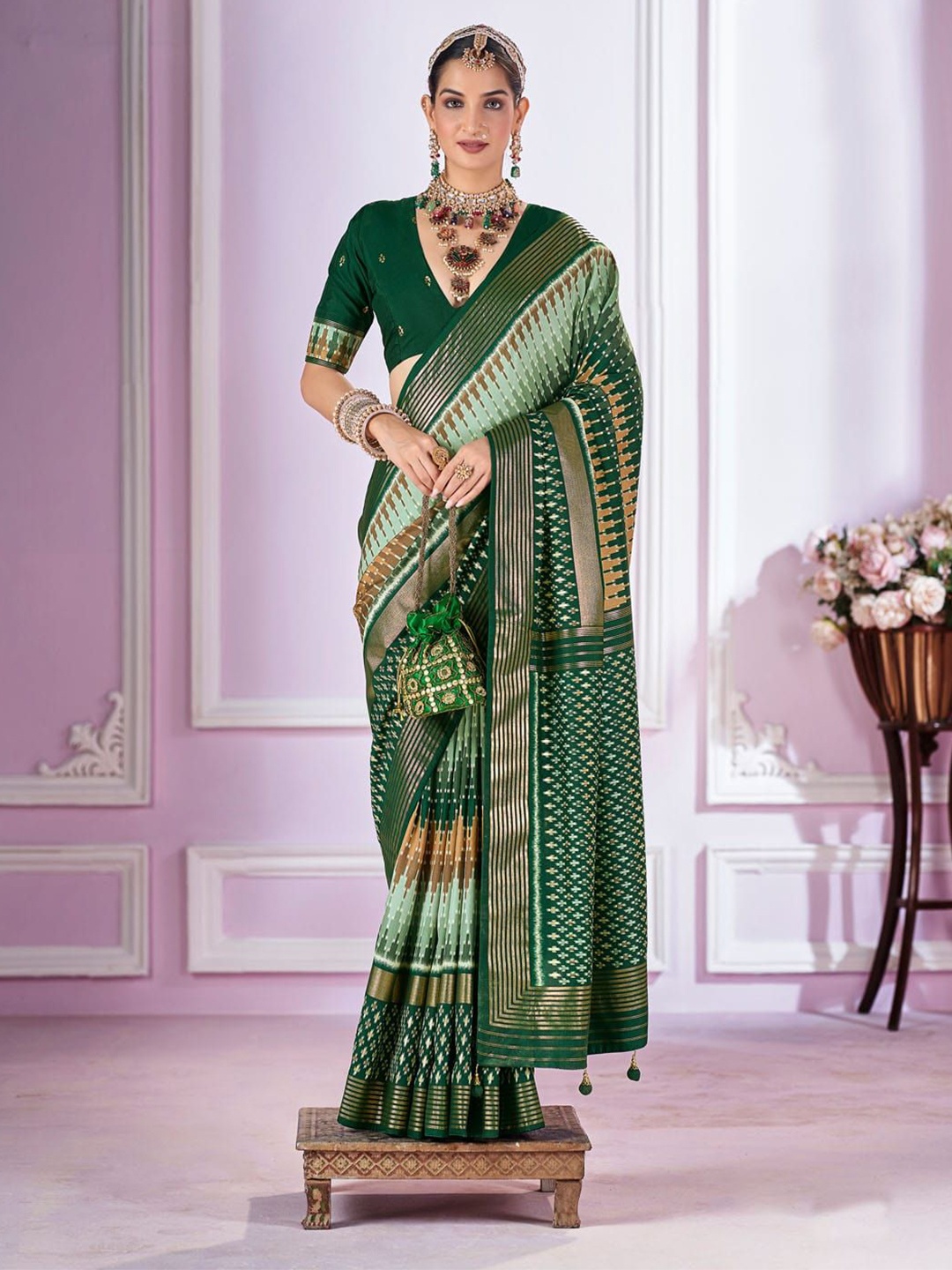 

Meena Bazaar Woven Design Zari Saree, Green