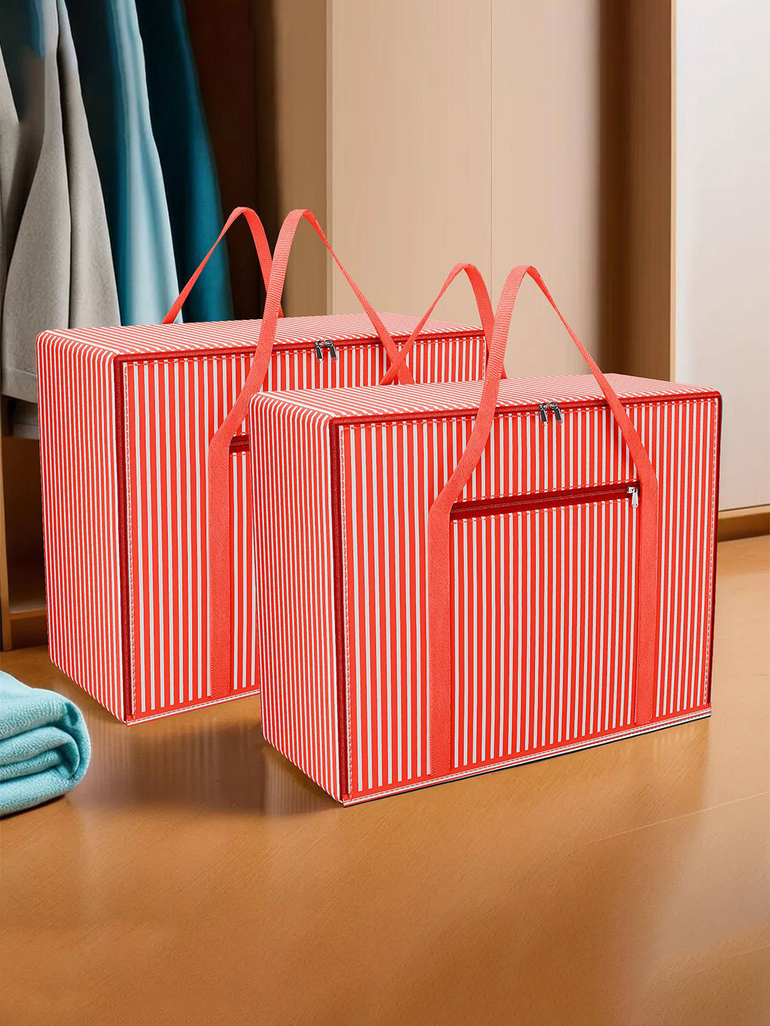 

Kuber Industries Red & White 2 Pieces Striped Multi-Utility Organisers
