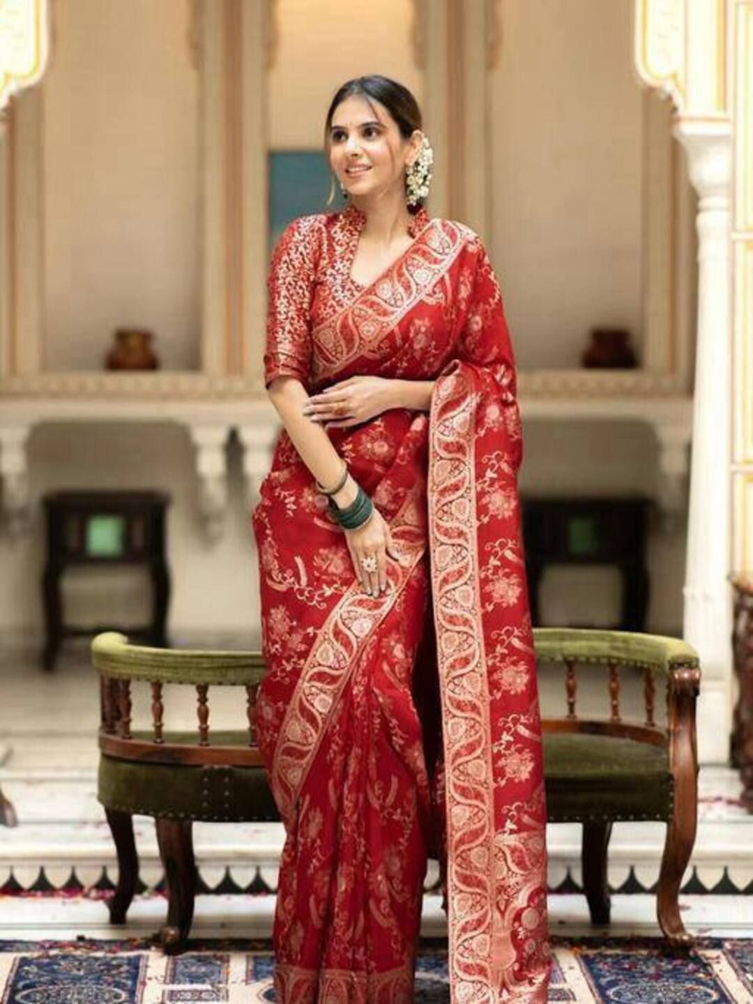 

SANJANA SILK Floral Zari Chanderi Saree, Red