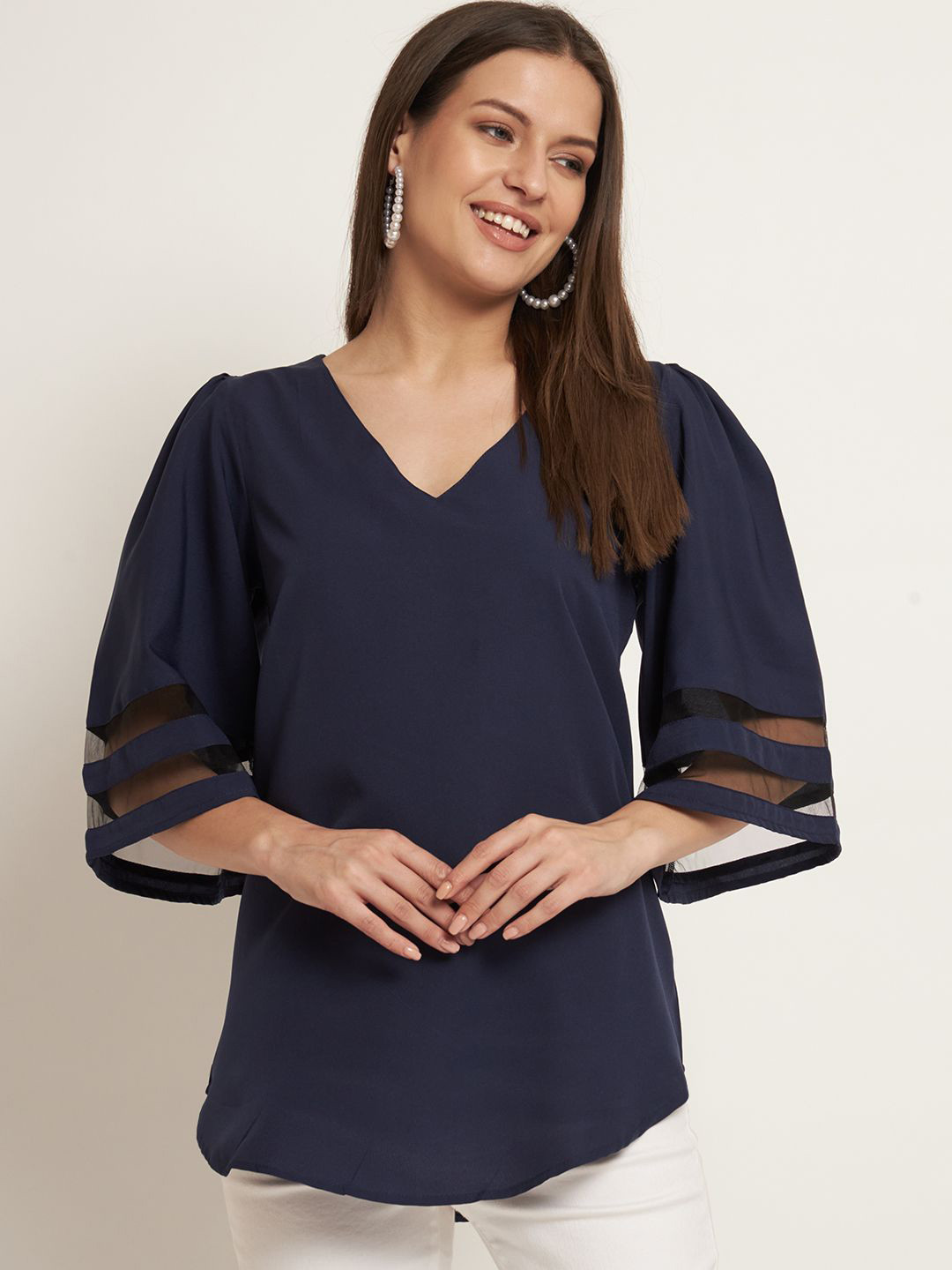 

Curvydrobe Women Solid Bell Sleeves V-Neck Top, Navy blue