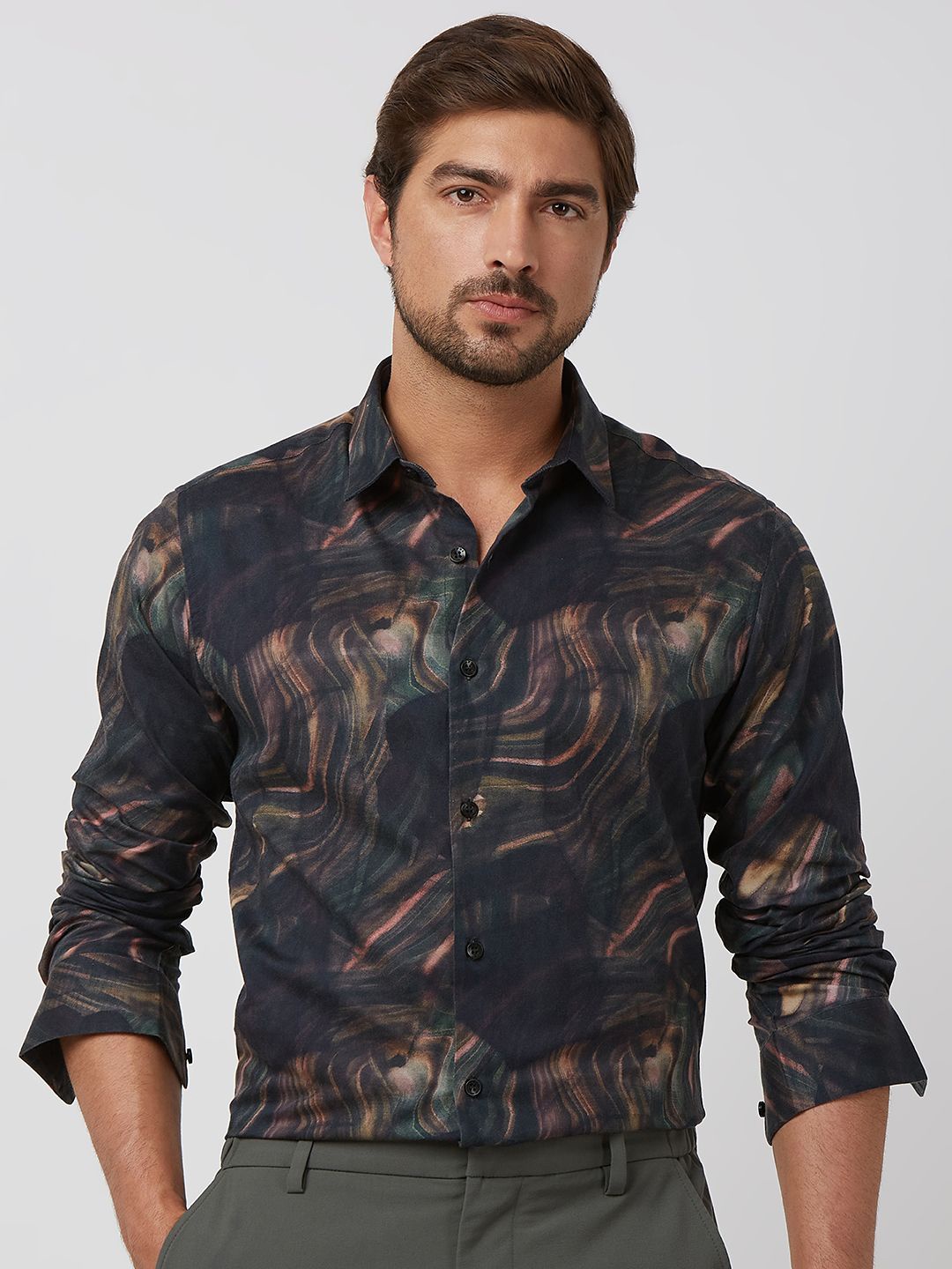 

Mufti Men Spread Collar Abstract Printed Cotton Slim Fit Casual Shirt, Black