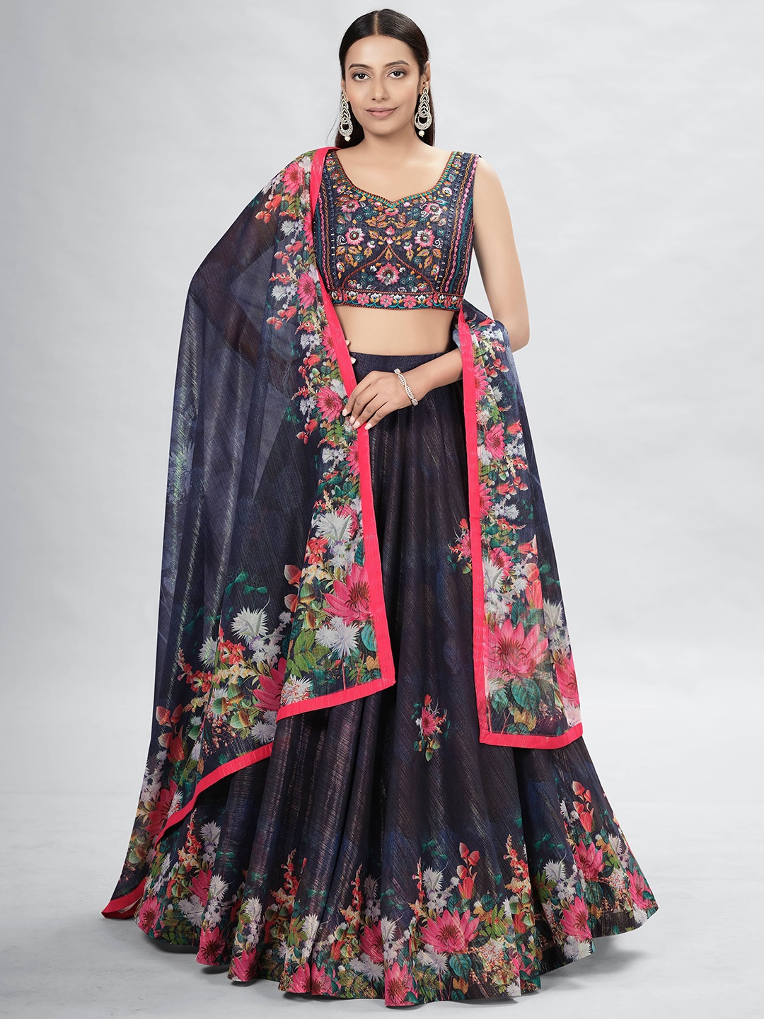 

Fusionic Floral Embroidered Mirror Work Ready to Wear Lehenga & Choli With Dupatta, Blue