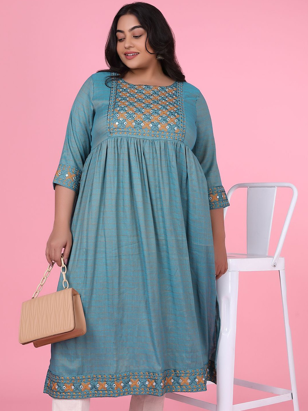 

SHOWOFF Plus Size Striped Woven Design Mirror Work High Slit A-Line Kurta, Teal