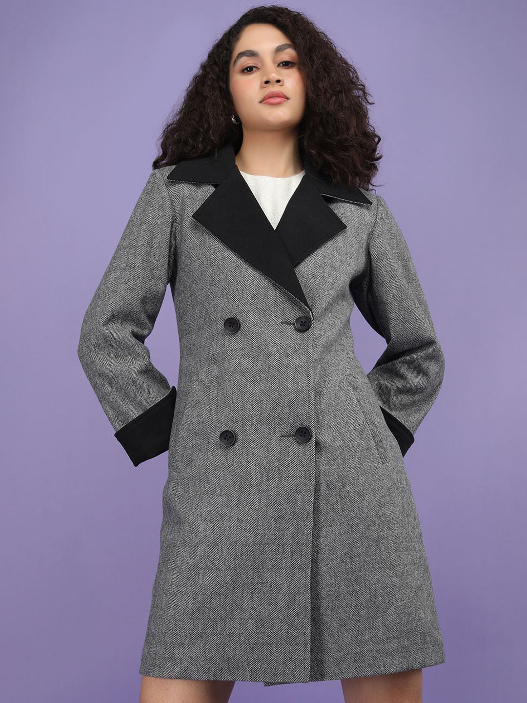 

Plagg Women Textured Single-Breasted Overcoat, Black