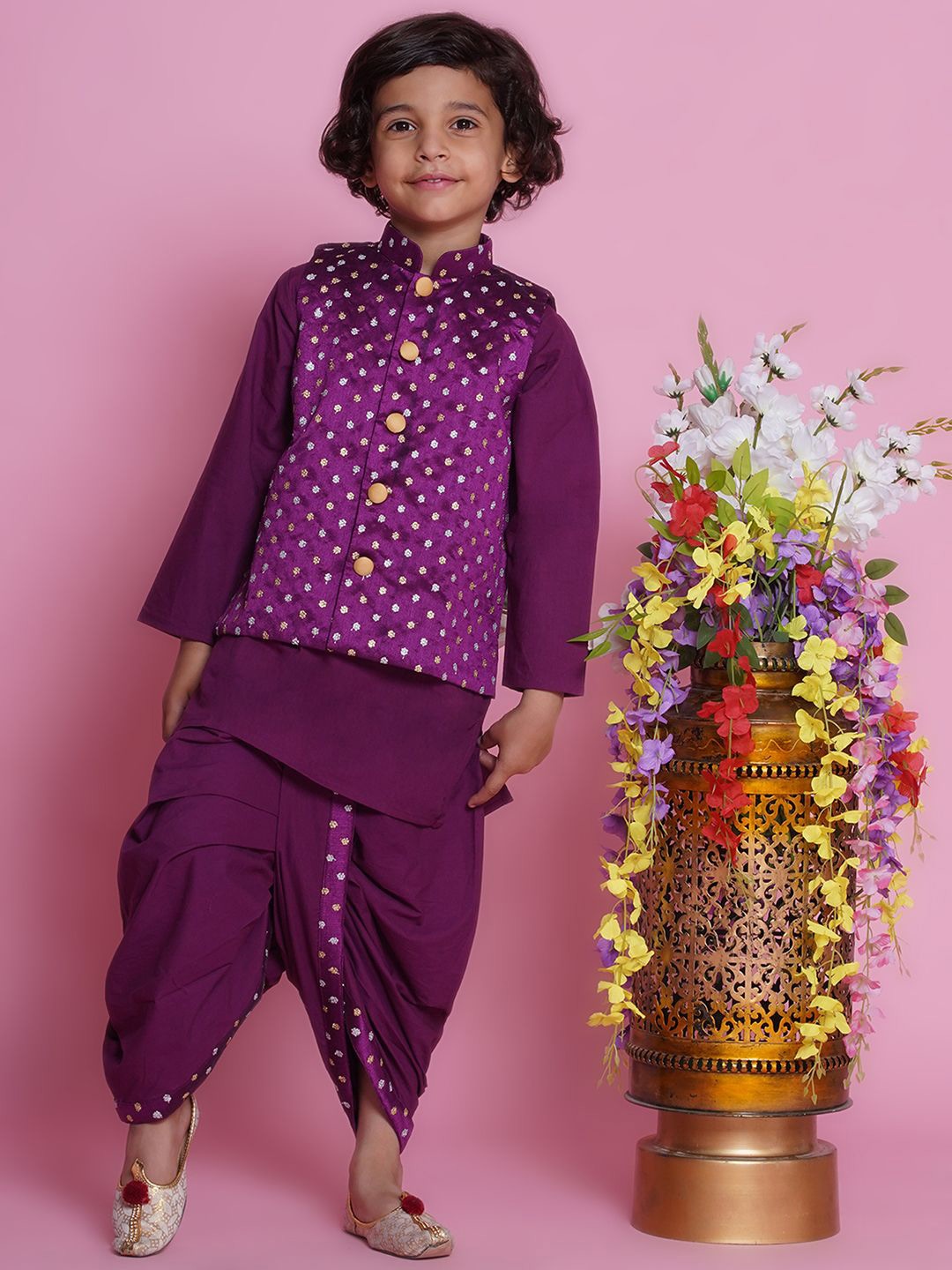 

Little Bansi Boys Mandarin Collar Pure Cotton Straight Kurta With Dhoti Pants, Purple