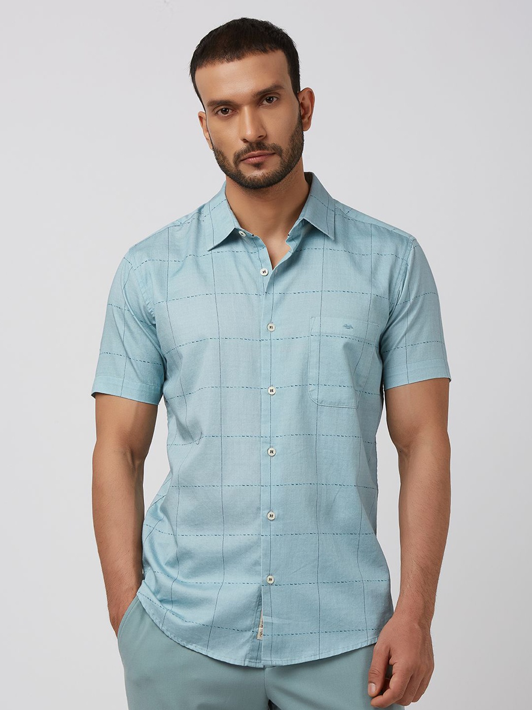 

Mufti Men Spread Collar Windowpane Checks Checked Cotton Slim Fit Casual Shirt, Green