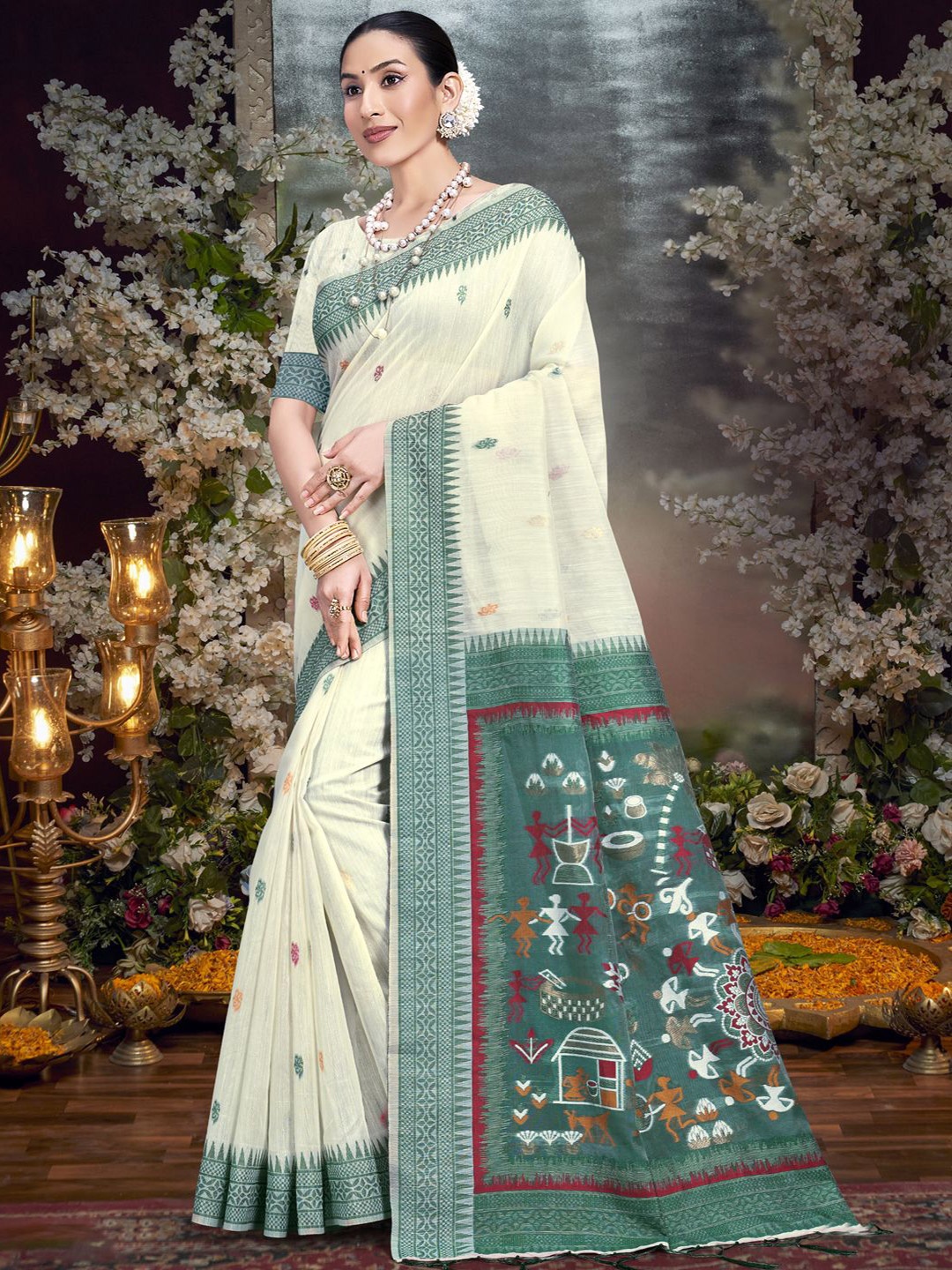 

SANGAM PRINTS Woven Design Tussar Saree, Cream