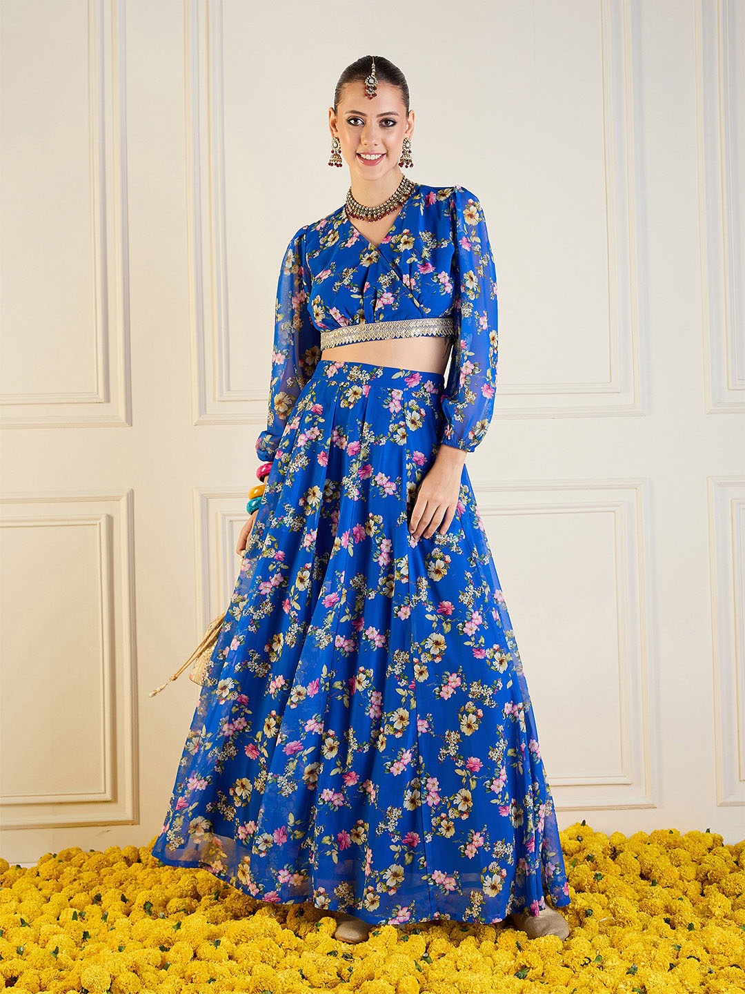 

Shae by SASSAFRAS Printed Puffed Sleeves Ready to Wear Lehenga & Wrap Choli, Blue