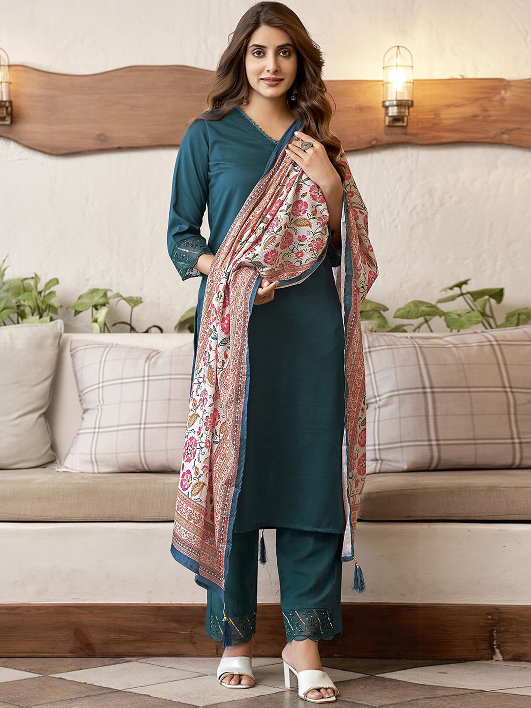 

SKYLEE V-Neck Straight Kurta with Trousers & Dupatta, Blue