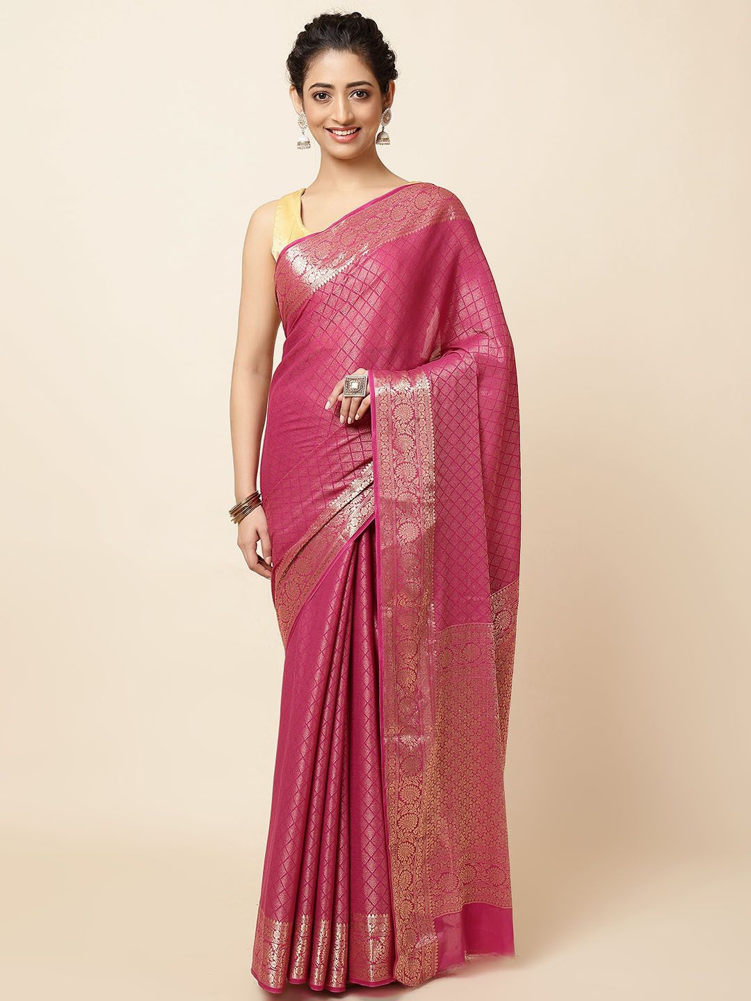 

Meena Bazaar Ethnic Motif Zari Woven Saree, Pink