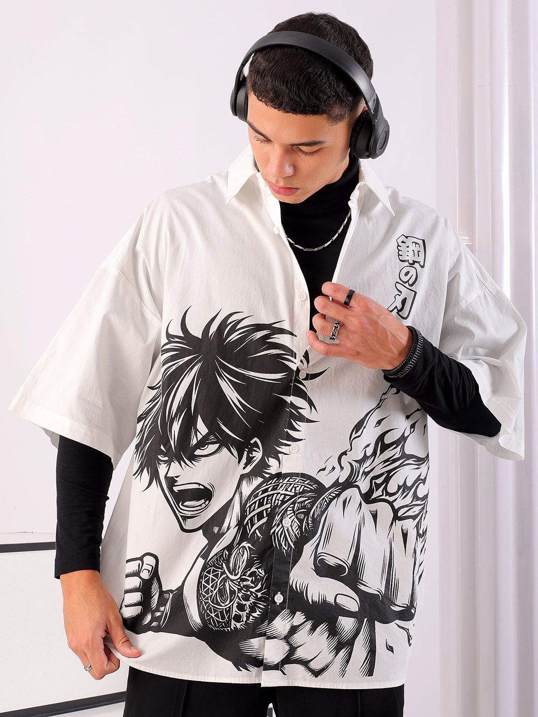 

The Indian Garage Co Men Anime Printed Cotton Oversized Boxy Streetwear Shirt, White