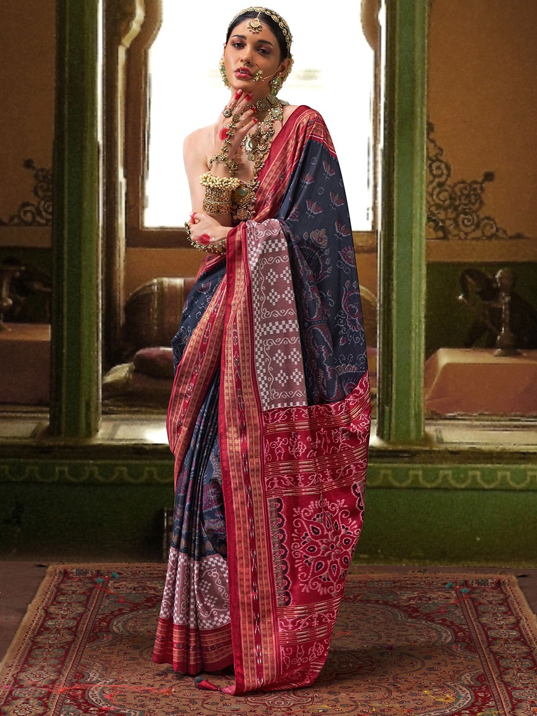 

elora Patola Silk Blend Woven Design Zari Traditional Saree, Navy blue