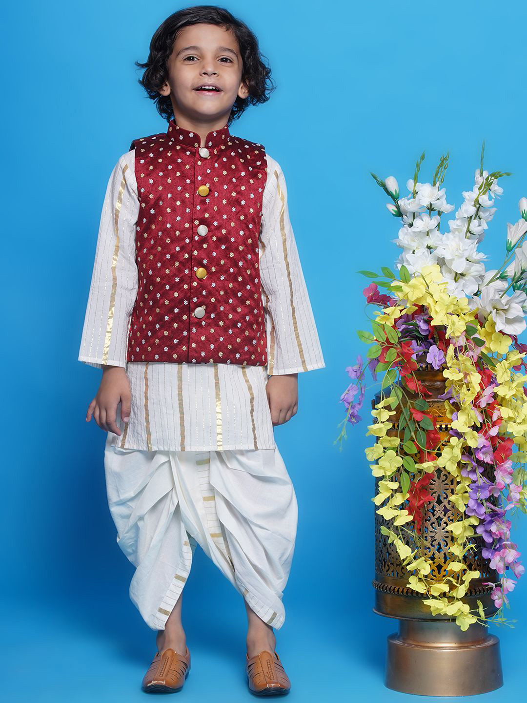 

Little Bansi Boys Striped Mandarin Collar Pure Cotton Straight Kurta With Dhoti Pants, White