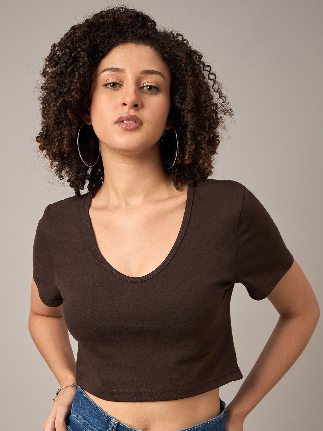 

The Roadster Lifestyle Co Cotton Crop T-Shirt, Brown